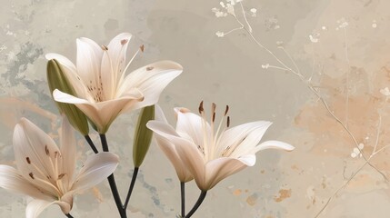 Elegant White Lilies on Soft Beige Artistic Background
