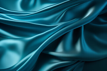 Modern and elegant shiny blue-green silk fabric with folds. Background.