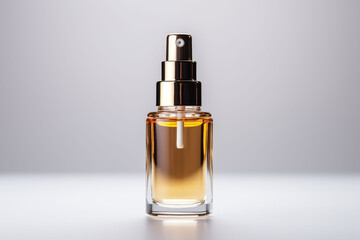 Clear glass cosmetic serum bottle with gold cap