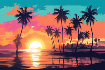 Tropical pop art beach with neon palm trees and sunset
