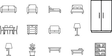 it shows a collection of simple line-drawn furniture and home decor icons. The items included are