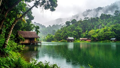 Tranquil rainforest lake cabin scene