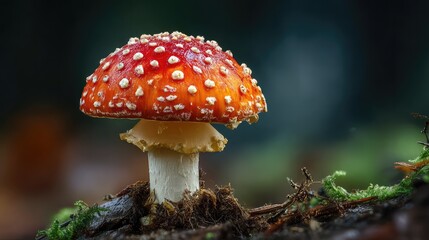 A red mushroom with white spots sits on the ground.