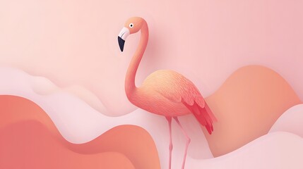 Fototapeta premium Flamingo illustration with soft abstract wave shapes behind it, set on a plain blush pink background with clean lighting
