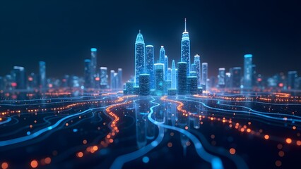 Obraz premium Futuristic Digital Cityscape with Neon Lights Representing AI, Data Flow, and Cyber Network Technology