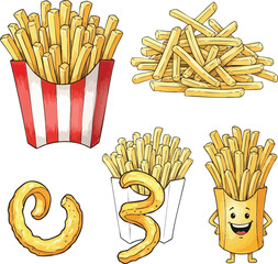 Cartoon French Fries Illustrations Fast Food Potatoes Snacks Menu Design