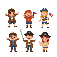 Group of Children Dressed as Pirates and Sailors with Flags and Maps.