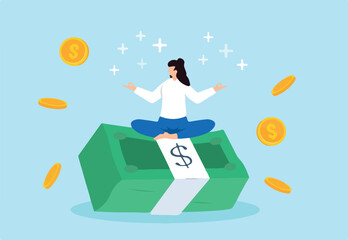 Woman relaxing and meditating on pile of money banknotes while coins rain down. Concept of financial wellbeing, effective money management, savings, investment, and accumulating wealth 