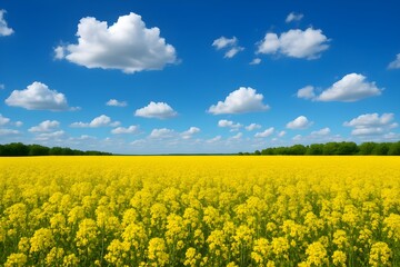 Fototapeta premium A vast field of bright yellow flowers under a clear blue sky dotted with fluffy white clouds, with a distant line of green trees.