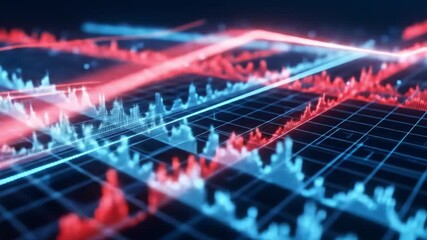 Digital financial data visualization with glowing red and blue lines showing stock market trends and graphs - Powered by Adobe