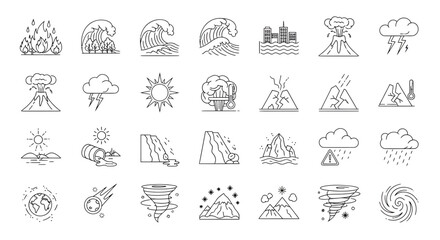 Line art collection of global disaster and climate change icons showing nature's fury and environmental crisis