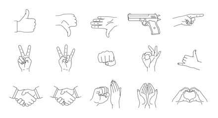 Diverse hand gestures and handgun illustration set, expressing communication and various human emotions
