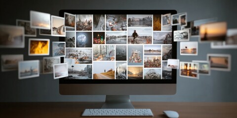 A computer monitor displays many images with some seemingly popping out and floating