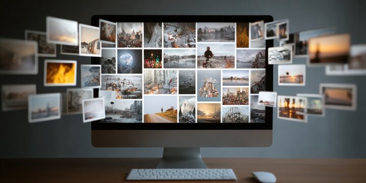 A computer monitor displays many images with some seemingly popping out and floating