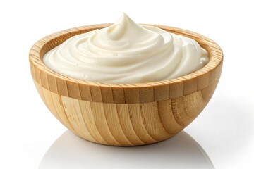 Thick yogurt in a wooden bowl isolated on white background