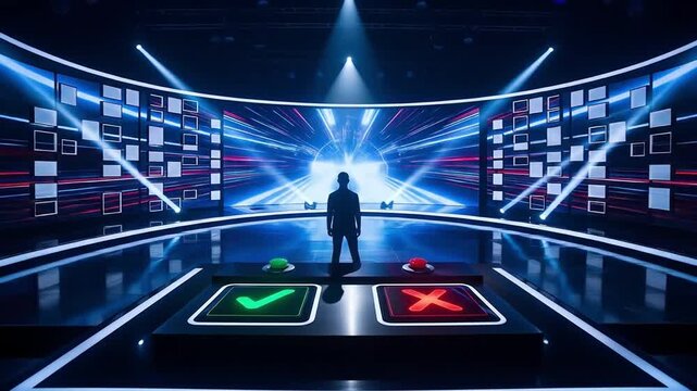 Game show contestant standing on stage bright lights