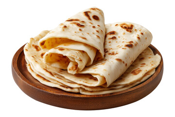 Yemeni malawah flaky buttery bread baked round flatbreads with toasted spots stacked in pile on wooden plate, isolated on white transparent background, concept of traditional bakery