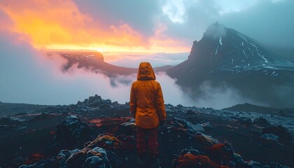 A lone traveler in a bright orange raincoat standing on a rocky mountain ridge, gazing at a dramatic sunrise sky with glowing clouds and mist-covered peaks