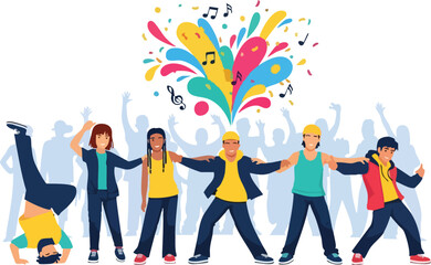 Diverse Group of Kids Dancing and Celebrating Music Vector Illustration