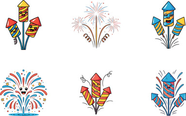 Colorful cartoon fireworks with smiling faces in festive celebration vector illustration, perfect for holiday events, parties, and cheerful seasonal designs