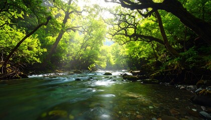 Fototapeta premium Sunlight streams through a lush green forest, illuminating a tranquil river