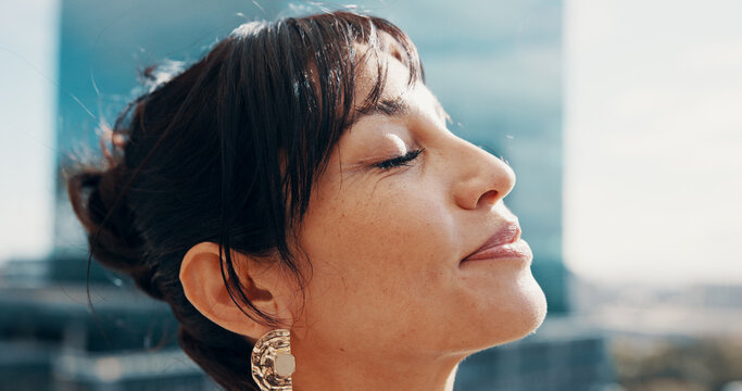 Face of woman, thinking and outdoor rest, fresh air and relaxing moment for mental clarity. Calm, peaceful reflection and person with deep breathing for wellness, mindfulness and positive mindset