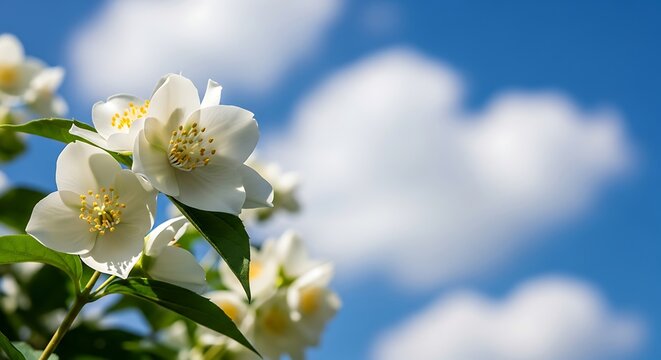 Close up of delicate white jasmine flowers against a bright blue sky.