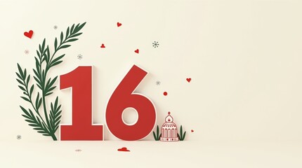 Minimalist Mexican Independence Day poster with number 16 and festive decorations red, green and white geometric accents and subtle papel picado pattern