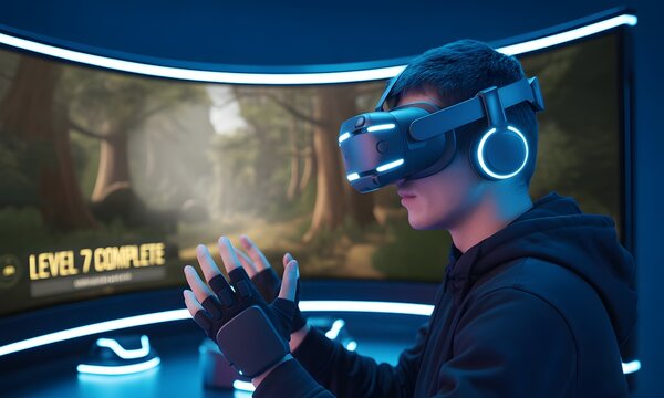 Immersive virtual reality gaming thrills with futuristic VR headset and interactive gloves for a dynamic adventure - Powered by Adobe