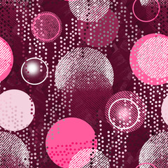 Seamless monochrome burgundy, pink abstract geometric pattern with circles.