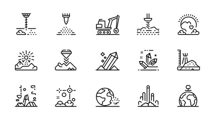 Vector line icon set illustrating drilling, geology, mining, machinery, extraction, crystals, earth, and ground-related activities.