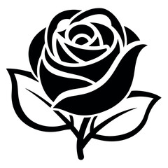 Elegant Black Rose Silhouette with Leaves and Stem, Simple Floral Illustration