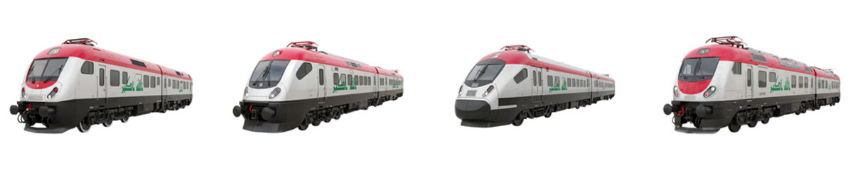 Obraz premium Electric Commuter Passenger Train Red Green Multiple Views On Isolated Transparent Background