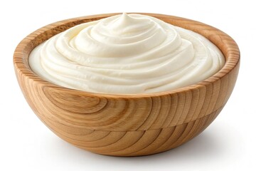 Creamy yogurt in a wooden bowl isolated on white background