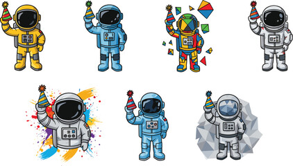Colorful cartoon astronauts holding party hats in celebration, playful space characters perfect for children’s festive, birthday, and cosmic vector illustration design