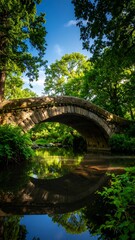 Ancient stone arch bridge over a serene stream