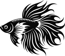 Elegant black and white betta fish illustration, ornamental aquatic animal design, tropical fish art, decorative sea life drawing, nature-inspired graphic, detailed fish silho