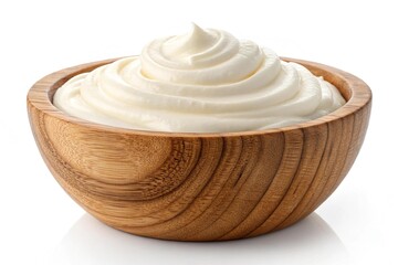 Creamy mayonnaise in a wooden bowl isolated on white background