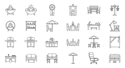 Stylish outdoor furniture and grilling icons for modern patio and backyard design projects