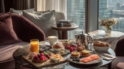 Luxury hotel breakfast with city view