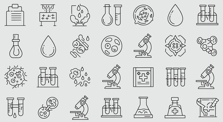 Scientific research icons for medical innovation, laboratory discovery, and health breakthroughs