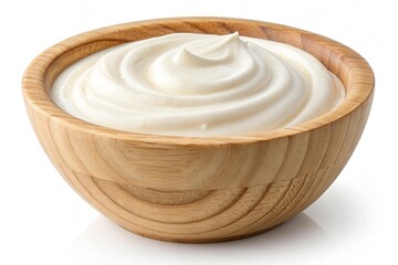 Creamy yogurt in a wooden bowl isolated on white background