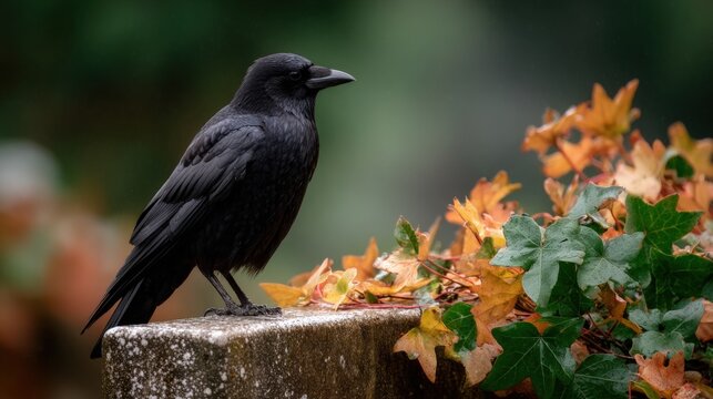 A black bird perched on a weathered stone post surrounded by green leaves in natural daylight, showcasing a serene outdoor scene.