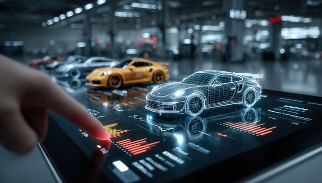 Hand interacts with a tablet showing digital car data, factory setting in the background