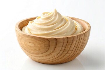 Thick cream swirl in a wooden bowl isolated on white background