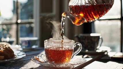 Elegant glass teacup is filled with steaming tea from a beautifully crafted teapot, showcasing the art of tea pouring in a cozy, sunlit setting with delightful pastries - Powered by Adobe