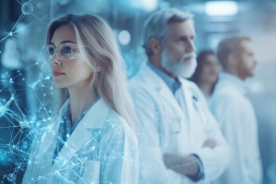 Medical researchers analyze data in a high-tech lab while collaborating on new solutions