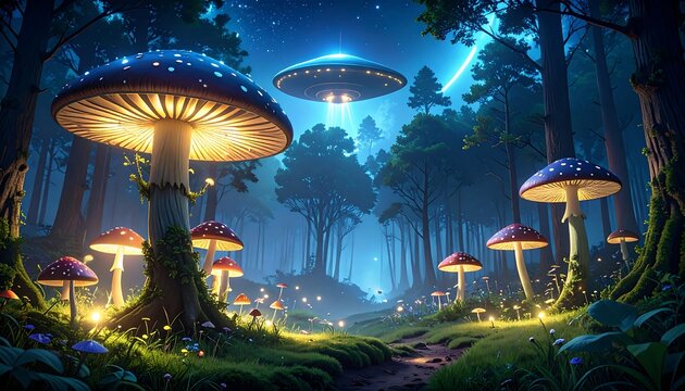 Magical forest path at night with glowing mushrooms and UFOs