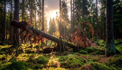 Sunlight streams through a forest, highlighting fallen logs and moss