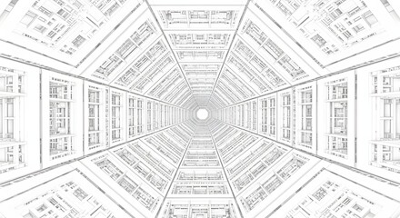 Obraz premium Abstract geometric architectural tunnel perspective drawing with repeating patterns